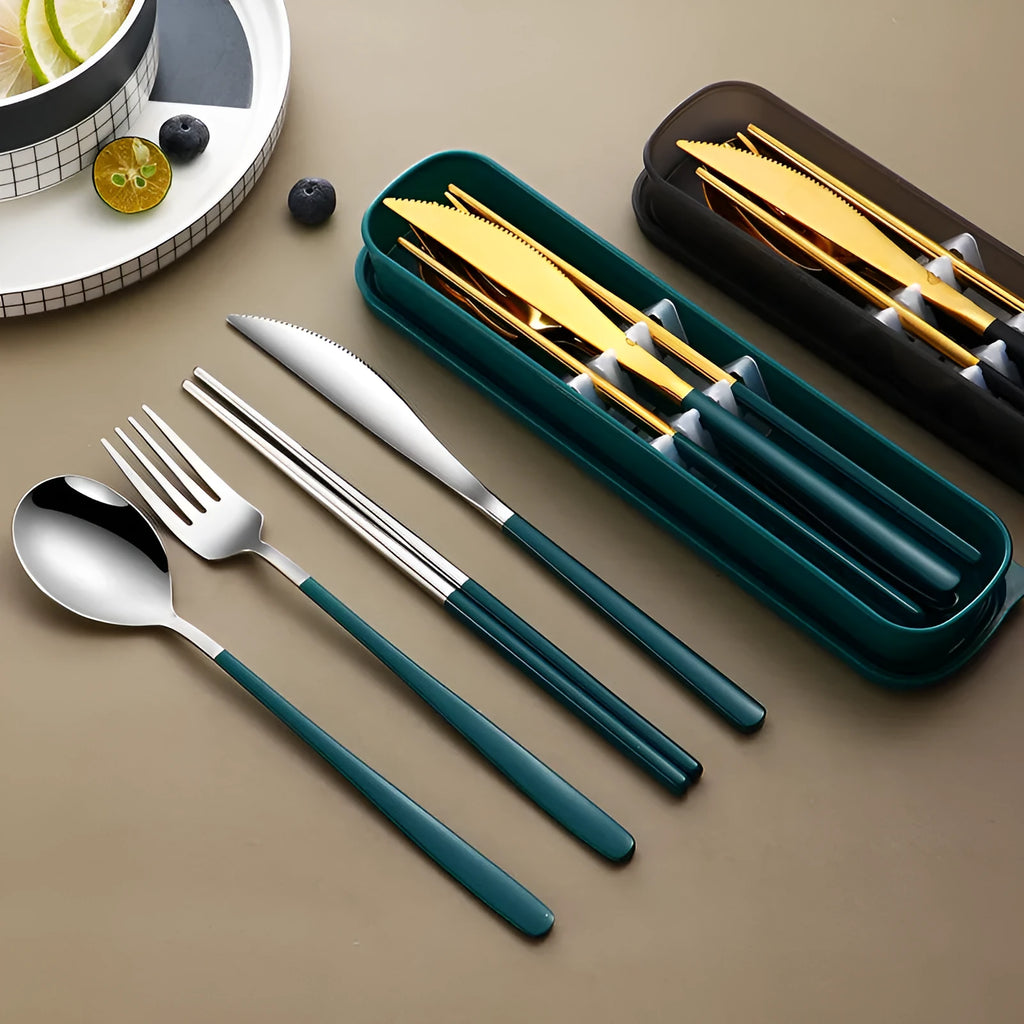 304 stainless steel portable cutlery set with knife, fork, spoon, and mesh bag in gold finish