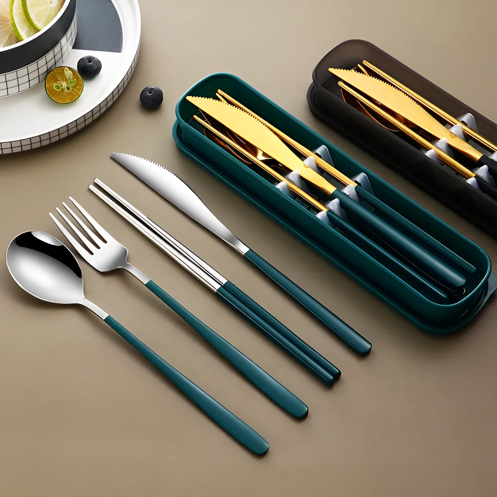 304 stainless steel portable cutlery set with knife, fork, spoon, and mesh bag in gold finish
