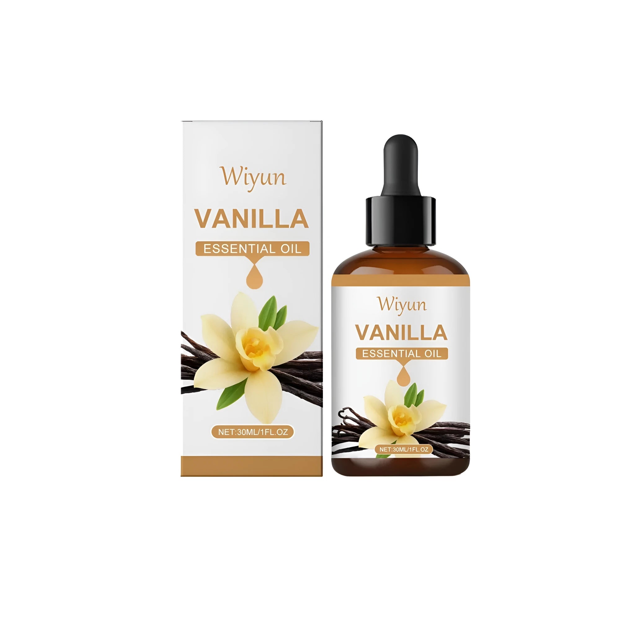 30ml glass bottle of vanilla essential oil with a dropper on a wooden background.