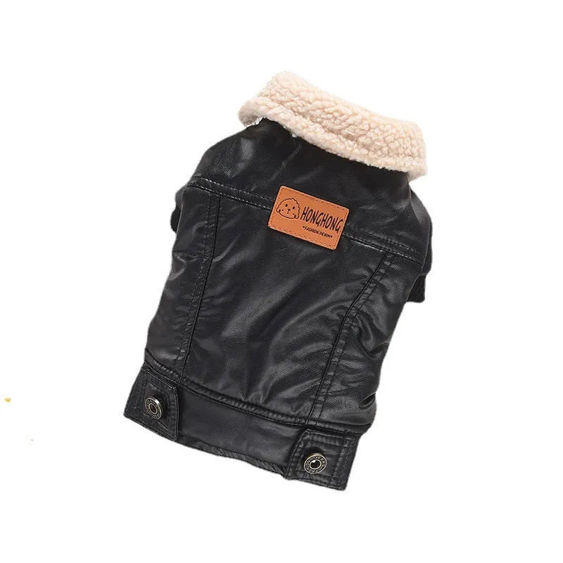 Black or red fleece-lined PU leather pet coat for cats and dogs in British style