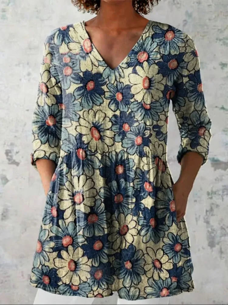 Women's retro print long-sleeved polyester top on a hanger, showing slim fit and detailed digital pattern.