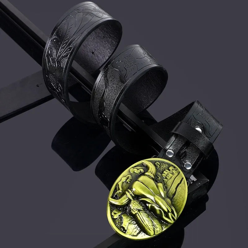Men's brown imitation leather belt with a detailed silver alloy cow head buckle and pin fastener.
