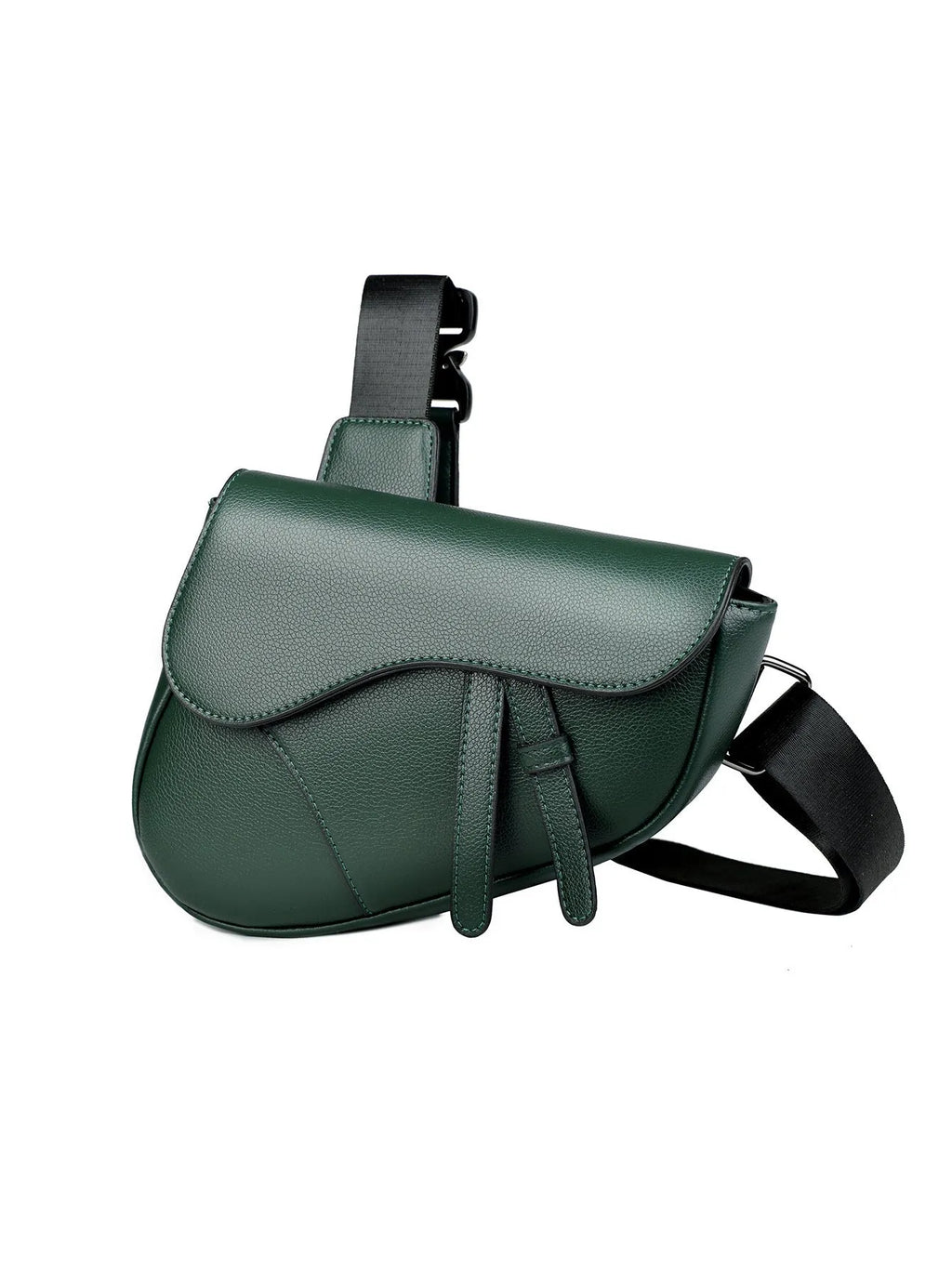 Unisex saddle shoulder crossbody chest bag in black synthetic leather with stitching and splicing details