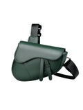Unisex saddle shoulder crossbody chest bag in black synthetic leather with stitching and splicing details