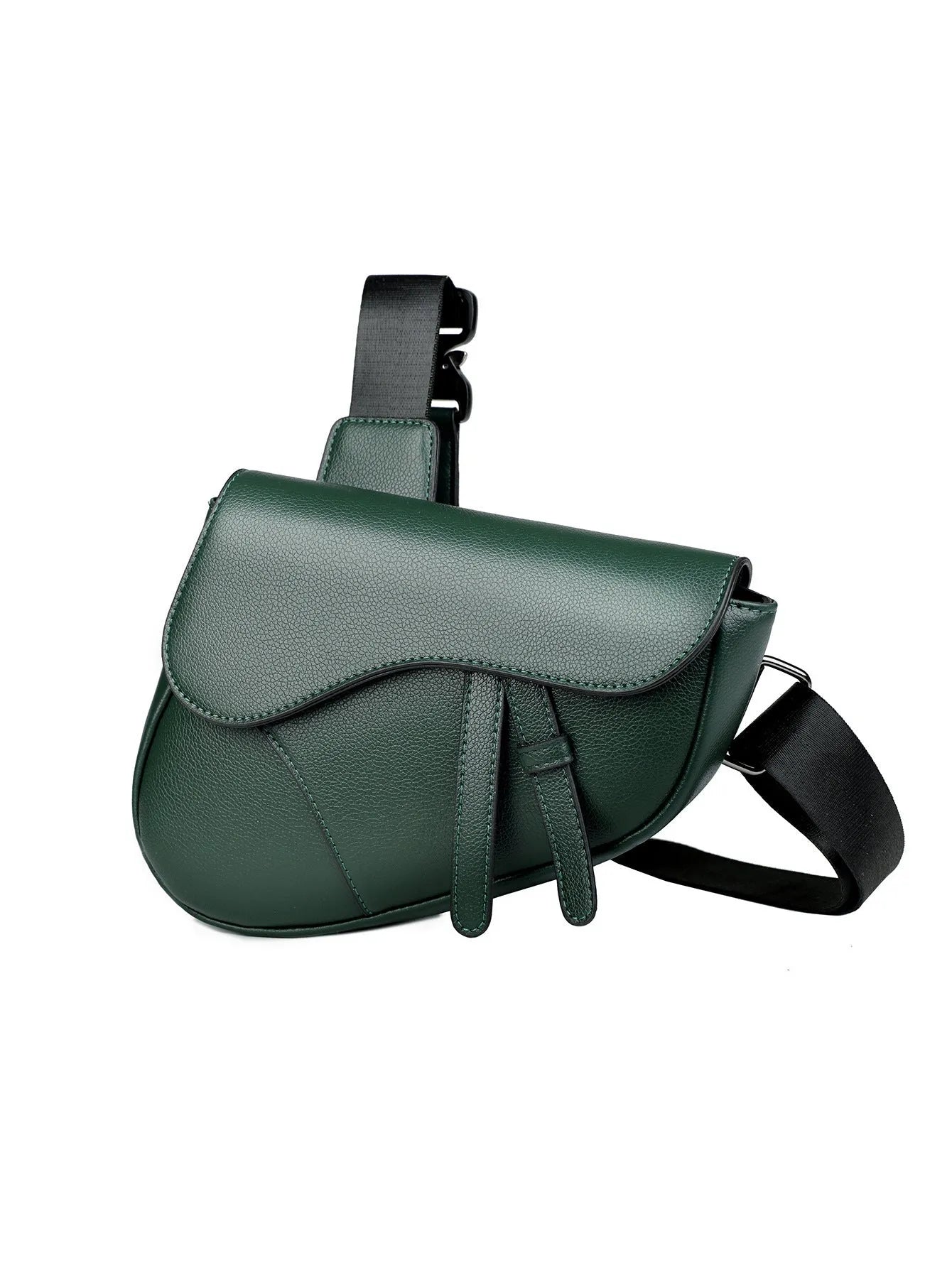 Unisex saddle shoulder crossbody chest bag in black synthetic leather with stitching and splicing details