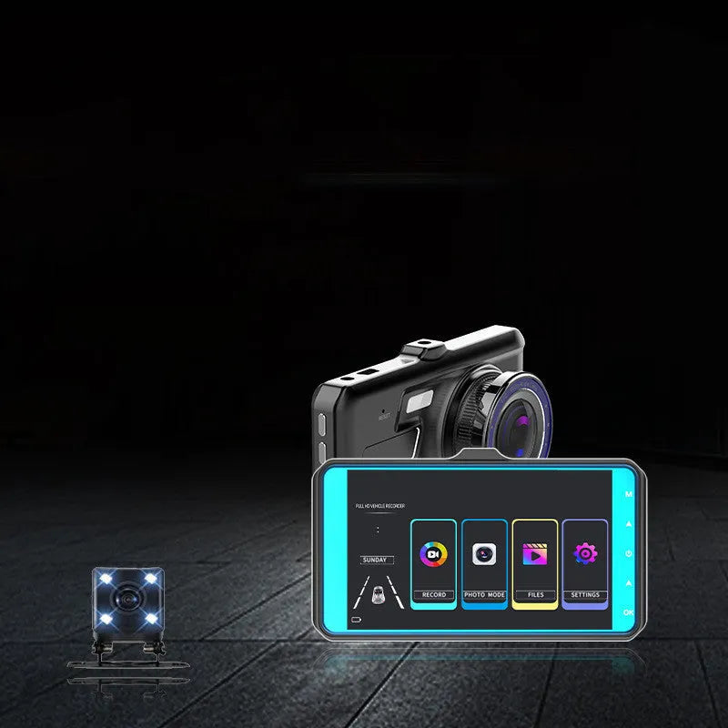 Black front and rear dual lens car dash cam with 4.0 inch touch screen display
