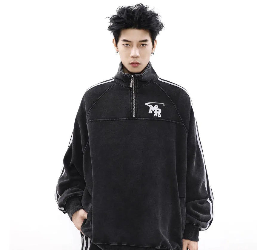 Black American retro style polyester couple's sports hoodie with stand collar and long sleeves.