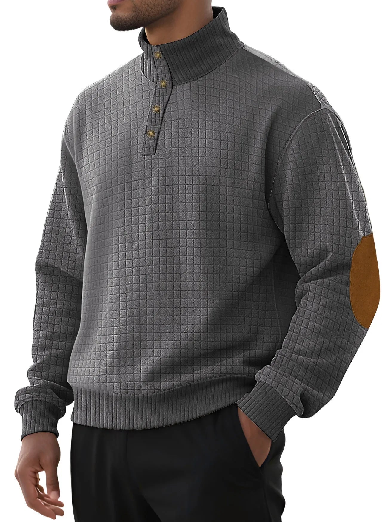 Men's casual jacquard small plaid stand collar long-sleeved sweater in khaki, polyester blend, full front view