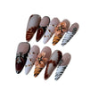 Handmade French style nail stickers with leopard print, cross, and floral patterns in four sizes