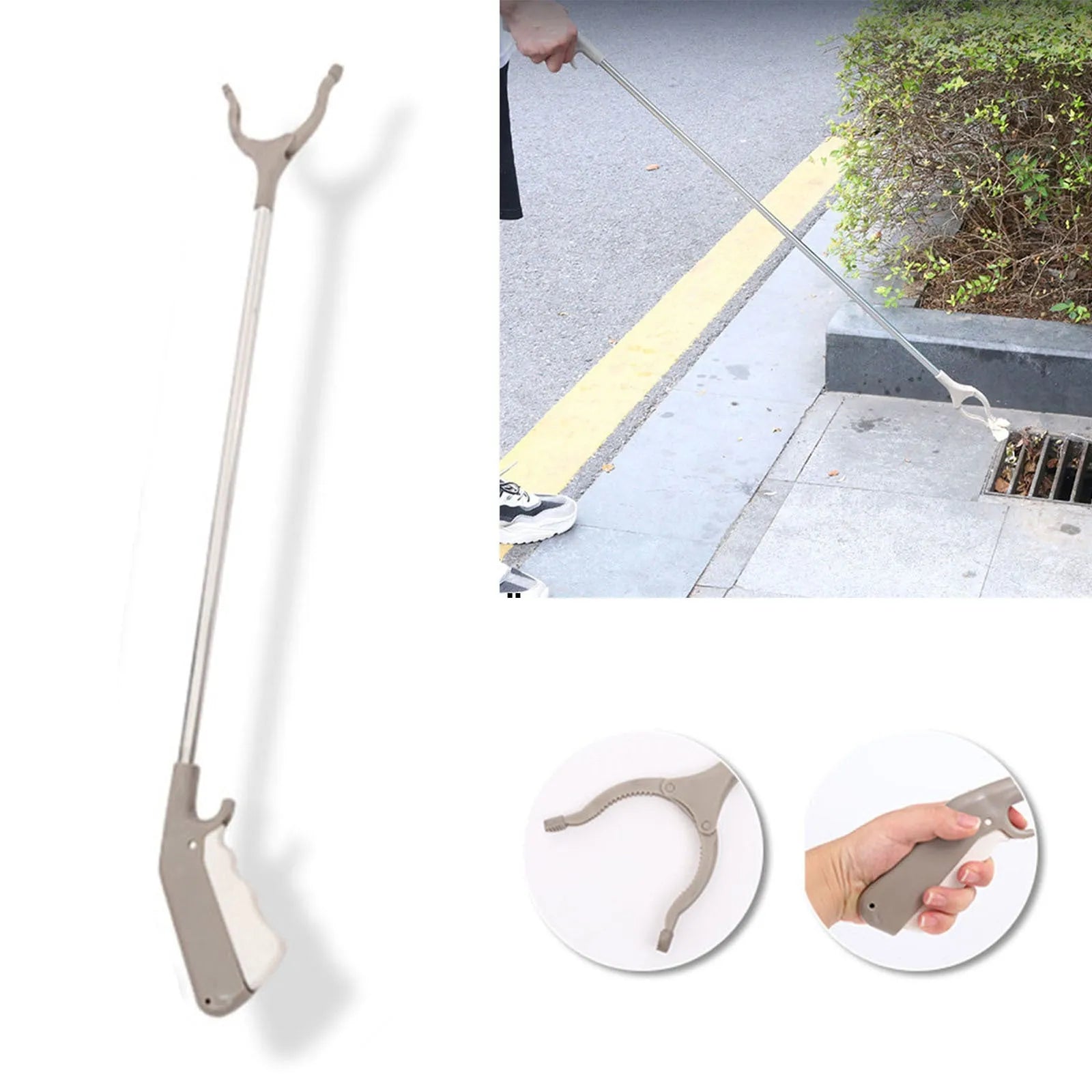 Stainless steel lengthened garbage plier with plastic hand grips and open jaws.