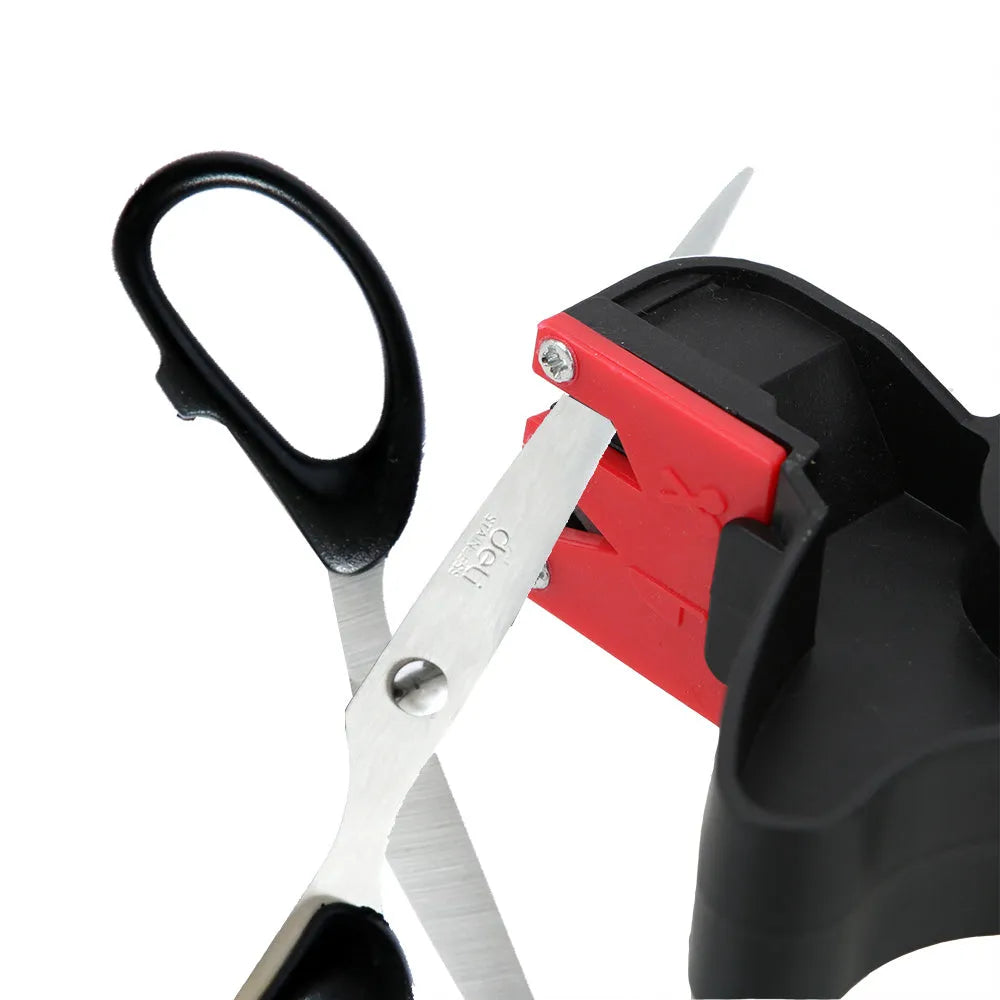 Black handheld knife and scissor sharpener with ergonomic handle on a plain background.