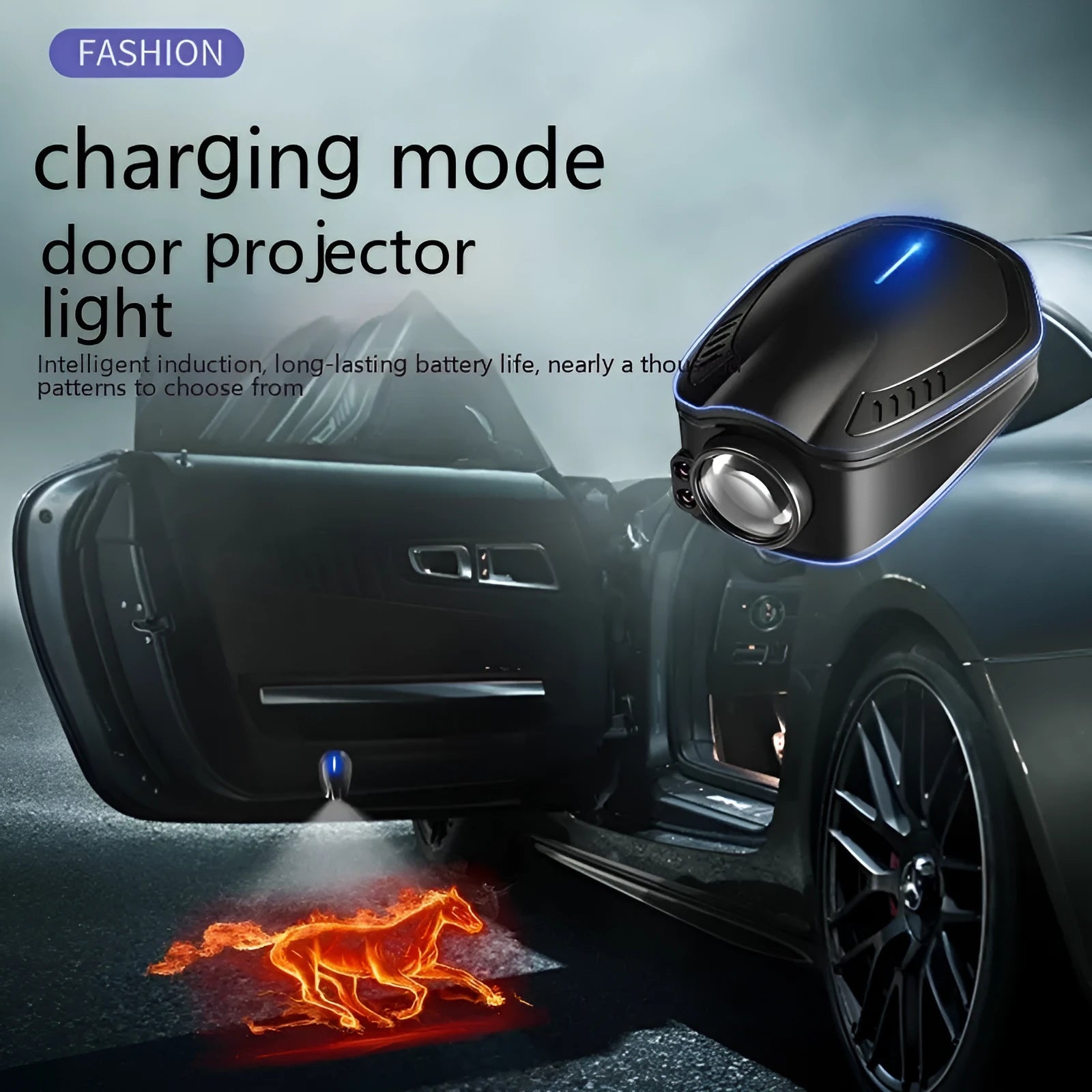 Black F2 rechargeable wireless car welcome light made of ABS plastic.