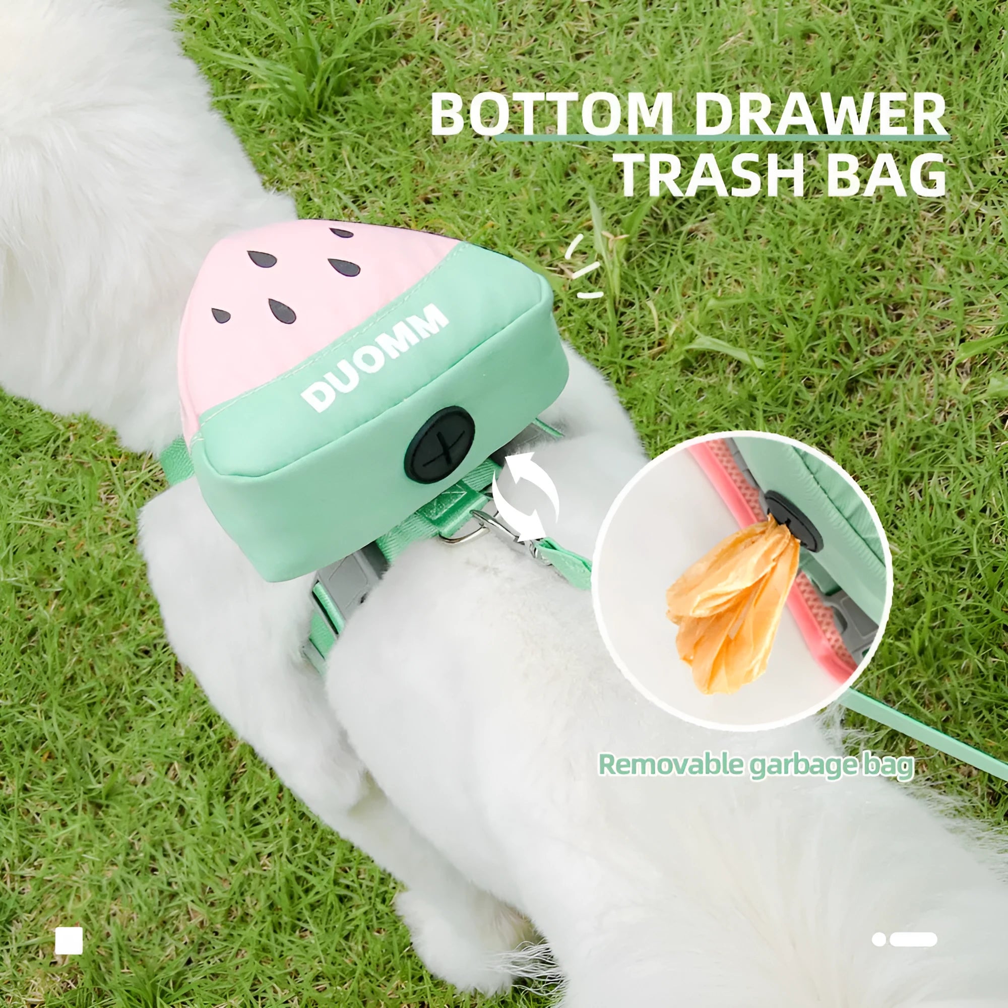 Green pet backpack and matching anti-slip chest strap set for a dog on a white background