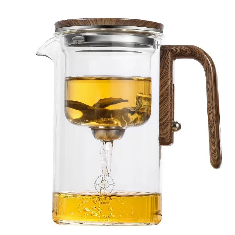 Glass teapot with magnetic separation button, walnut wood handle, and Chinese style design on tea tray