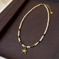 Titanium steel starfish pendant necklace with natural shell and tigereye on a beaded Maillard style chain