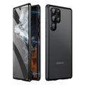 Black magnetic phone case with a mirror for Samsung Galaxy S24 Ultra on a table.