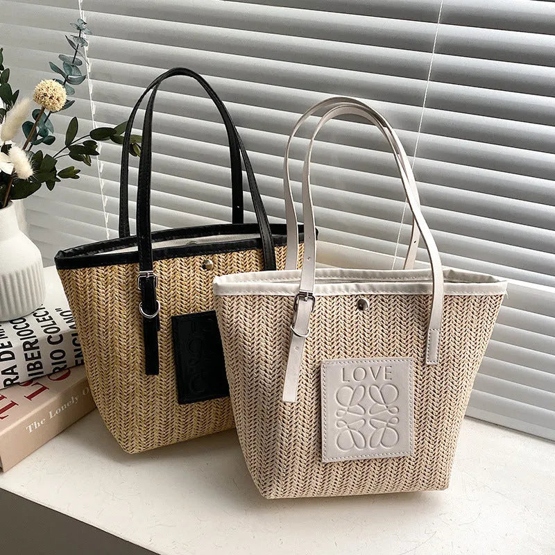 Women's woven straw shoulder bag with large capacity showing European retro styling and three-dimensional pocket