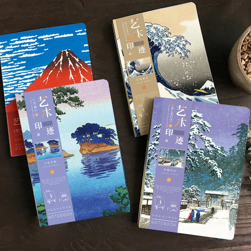 Hardcover Ukiyo-e art notebook open on a desk, showing the Kanagawa wave design and A5 size.