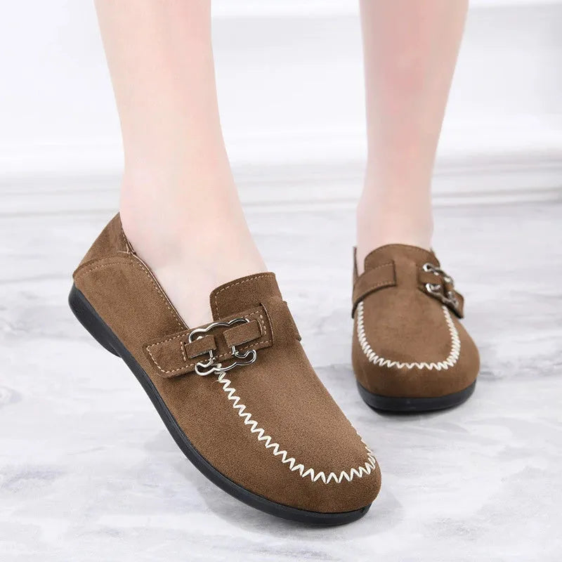 Soft bottom slip-on pumps for women breathable flat heel walking shoes L77 Brown colour
