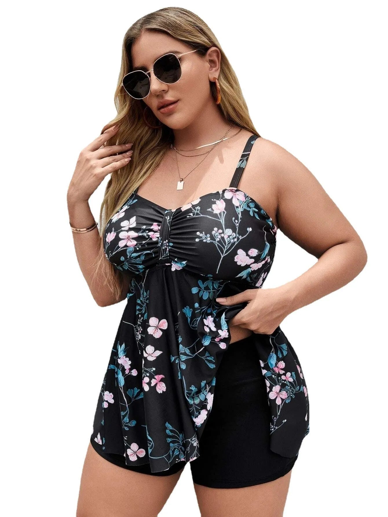 Women's plus size floral print one-piece swimsuit in split colours