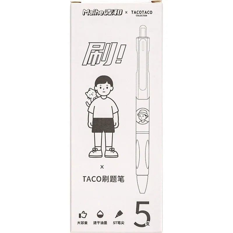 Five Taco brand black ballpoint pens with 0.5mm tips laid side by side.