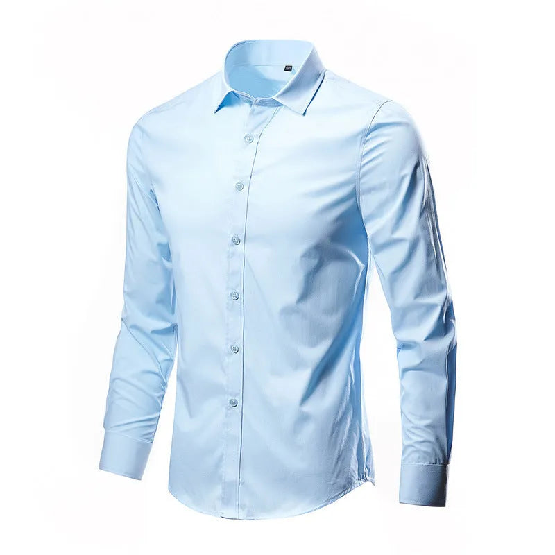 Man wearing a loose-fit long-sleeve linen shirt in a neutral colour, showcasing the casual style.
