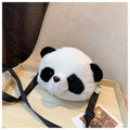 Soft plush crossbody bag with panda head design, cylindrical shape.