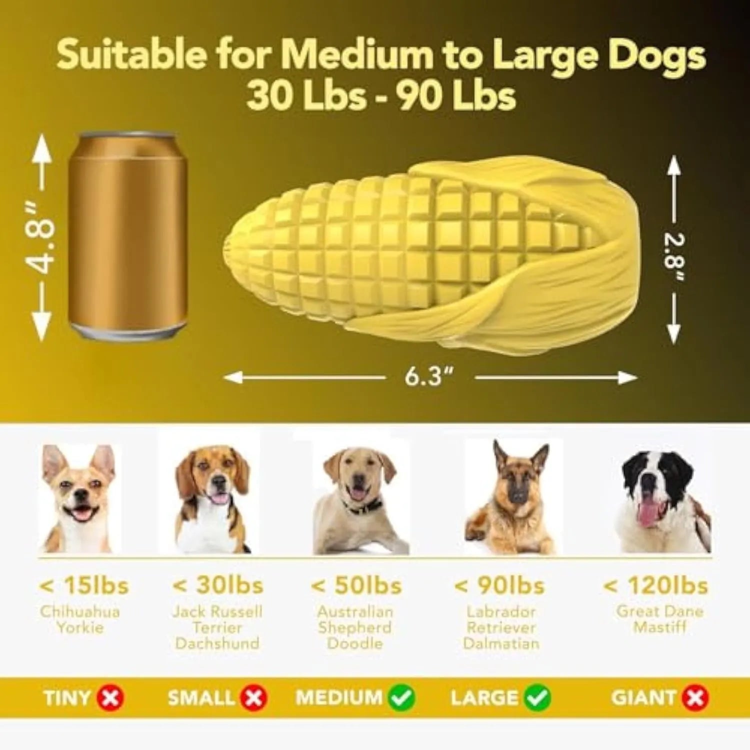 Corn stick shaped dog chew toy for medium large breeds with teeth cleaning grooves