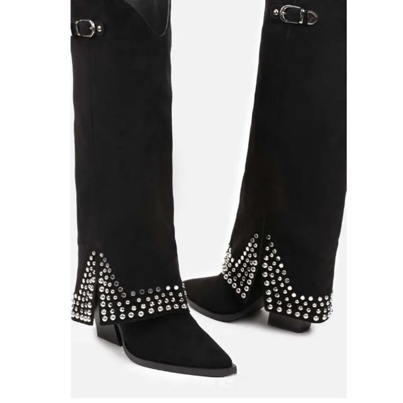 Women's frosted rivet pantyhose boots in ankle style with suede upper