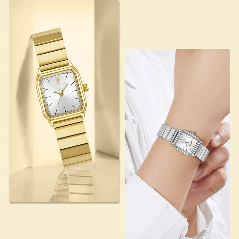 Women's square watch with yellow or white dial, 22mm by 25mm, waterproof with spiral crown and stainless steel clasp