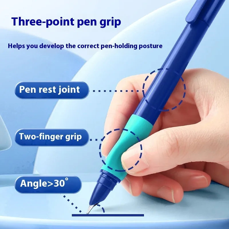 Boxed posture correction pen with triangular grip in four colour options on a white background.