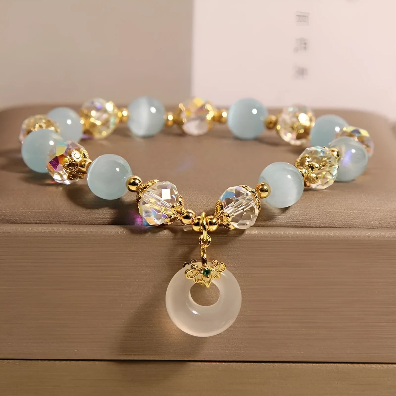 Women's blue opal glass pendant bracelet with Japanese Korean style design