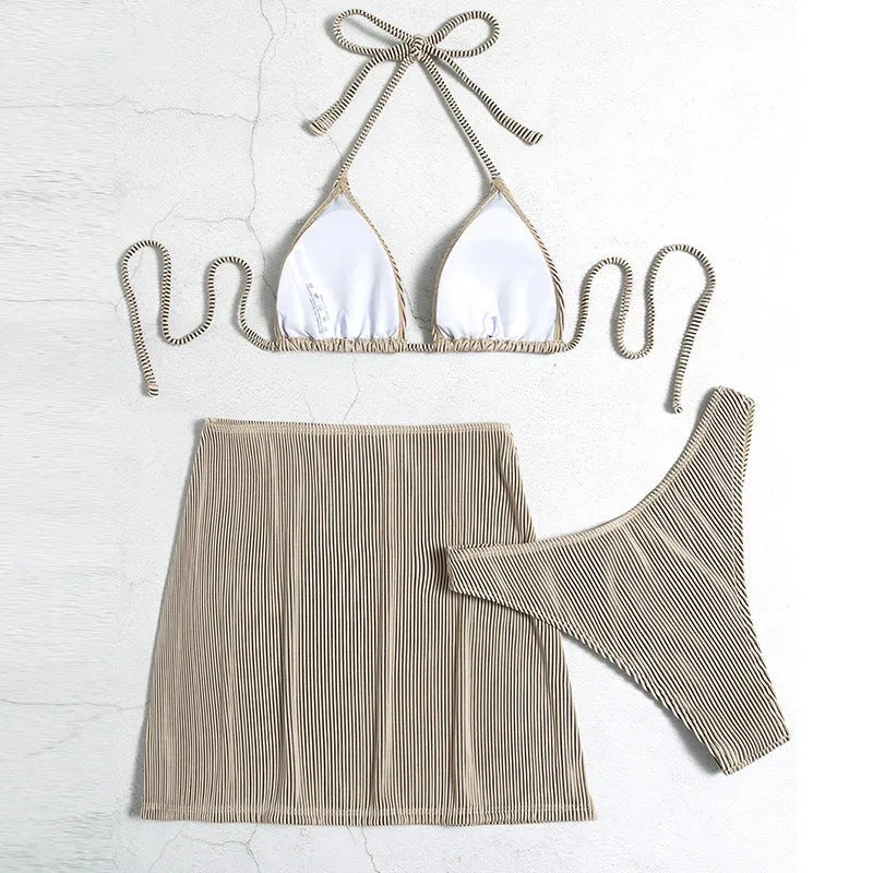 Women's rib fabric bikini swimsuit set in four colour options showing three-piece design for summer swimming