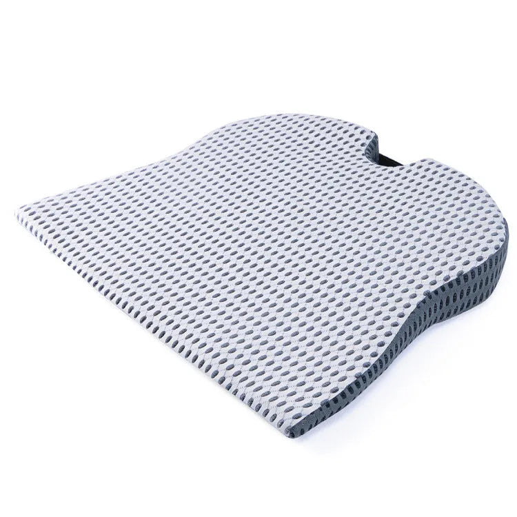 Memory foam lumbar cushion with straps on an office chair, shown in grey colour.