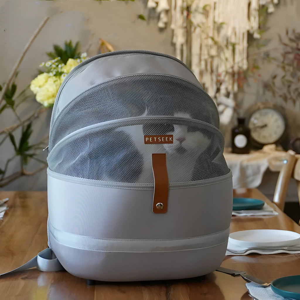 Grey canvas pet carrier backpack for cats and small dogs up to 15kg portable shoulder bag