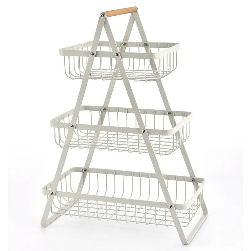Black detachable iron double-layer fruit basket with wooden handle