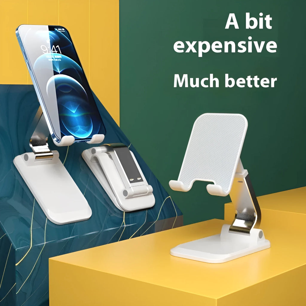 Foldable mobile desktop stand in black, showing smartphone placed on its universal bracket.