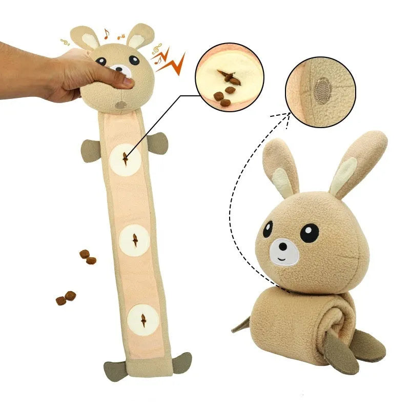 65cm plush dog training toy in poached bunny colour with food hiding compartments