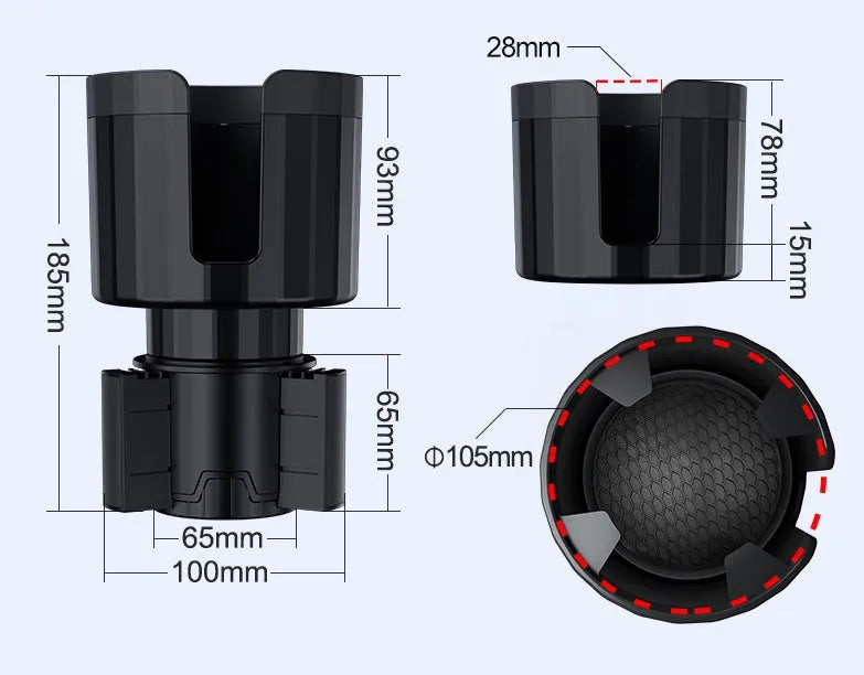Matte black adjustable car cup holder expander for large bottles and cups.