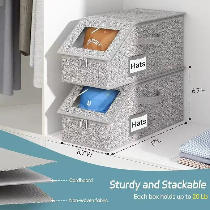 Grey foldable and stackable woven fabric storage box with lid for baseball caps and organisation.
