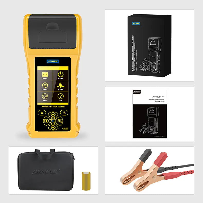 Autool BT760 vehicle battery tester with colour screen and red and black connection clips.