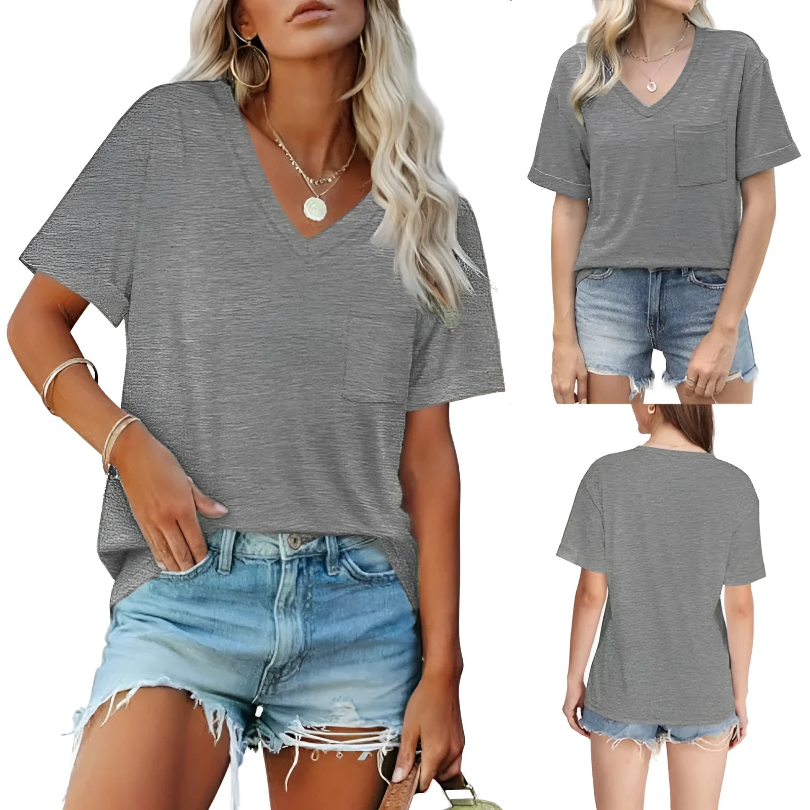 Grey loose-fit V-neck short sleeve t-shirt with a chest pocket on a solid background