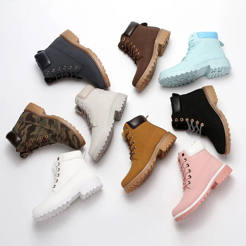 Men's pink high-top Martin boots with front lace-up and round toe design