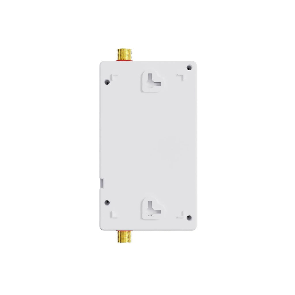 Constant temperature instant water heater with LED touch screen display and remote control in gold finish.