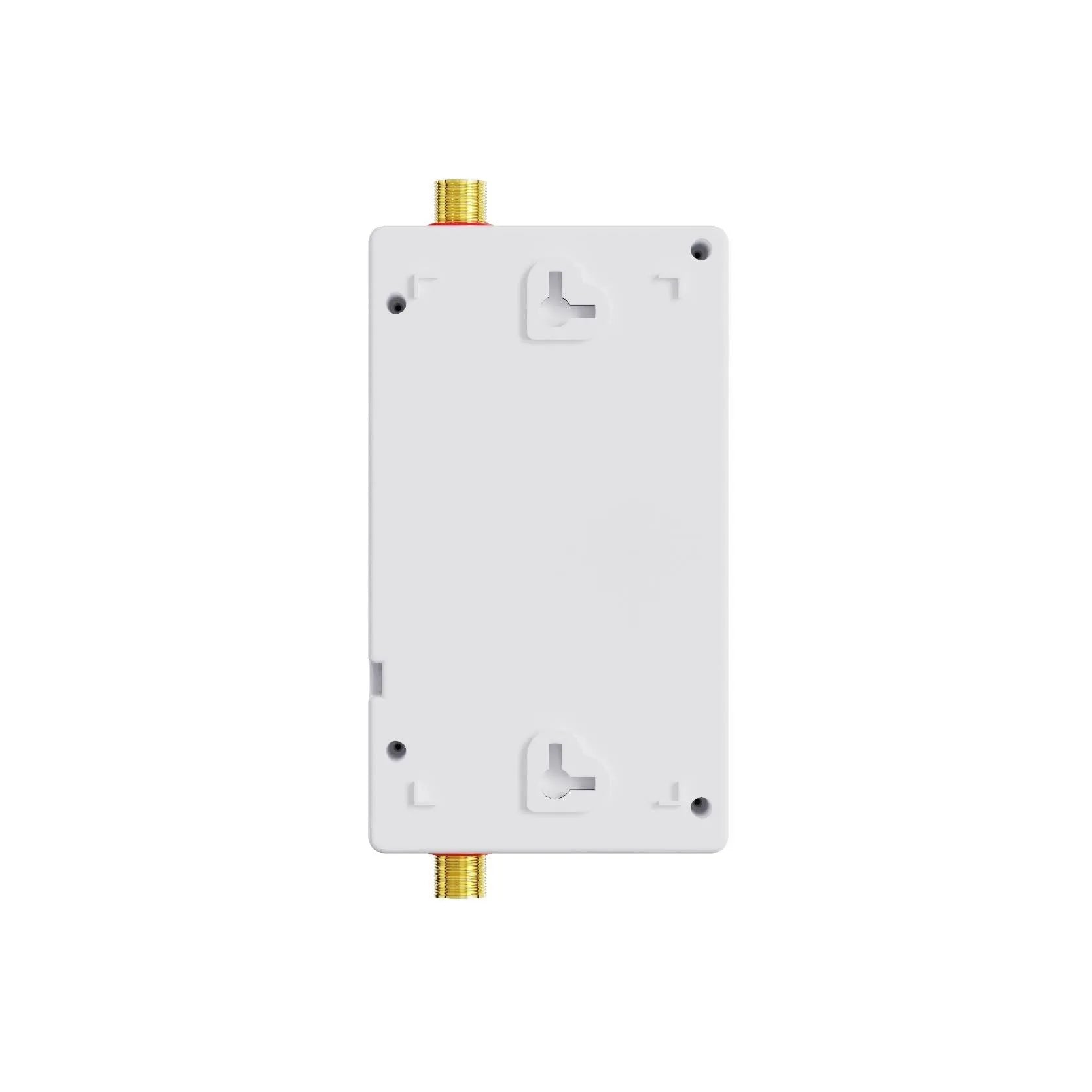 Constant temperature instant water heater with LED touch screen display and remote control in gold finish.