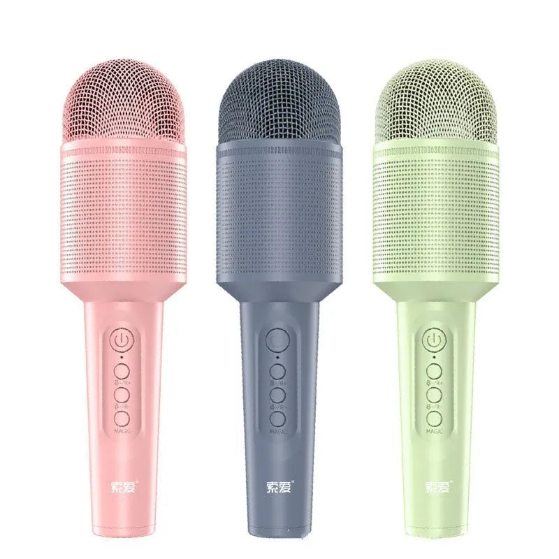 Wireless Bluetooth karaoke microphone in pink, blue, and green colour options