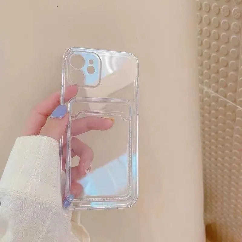 Clear transparent PVC iPhone case with a card slot on the back, shown fitting an iPhone model.