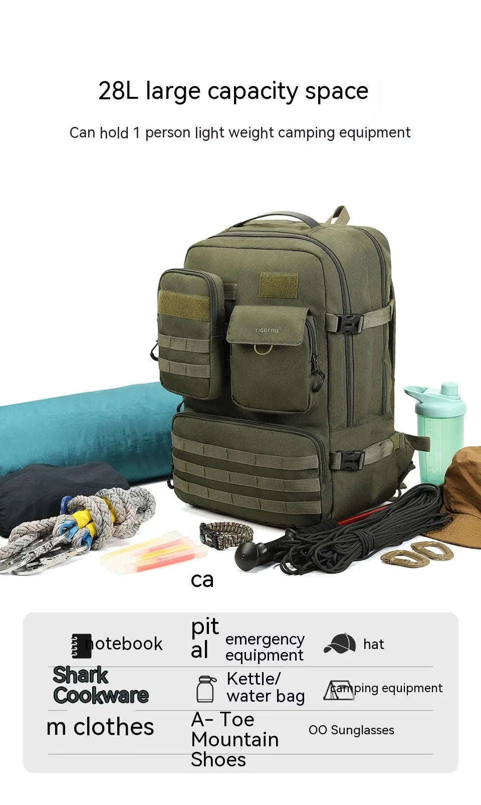 Army green waterproof tactical backpack with 17-inch frame and 20-35 litre capacity.