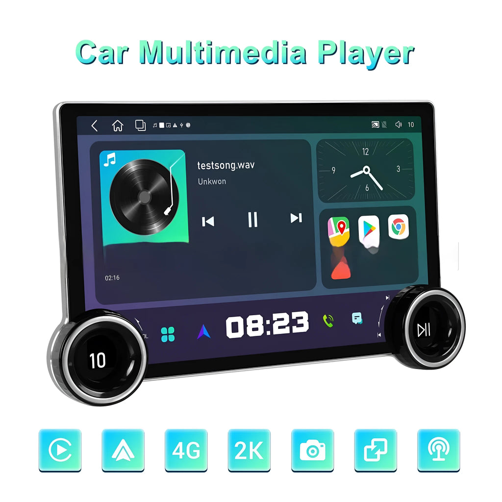 11.8-inch Android car multimedia player with dual knobs and QLED screen showing navigation interface