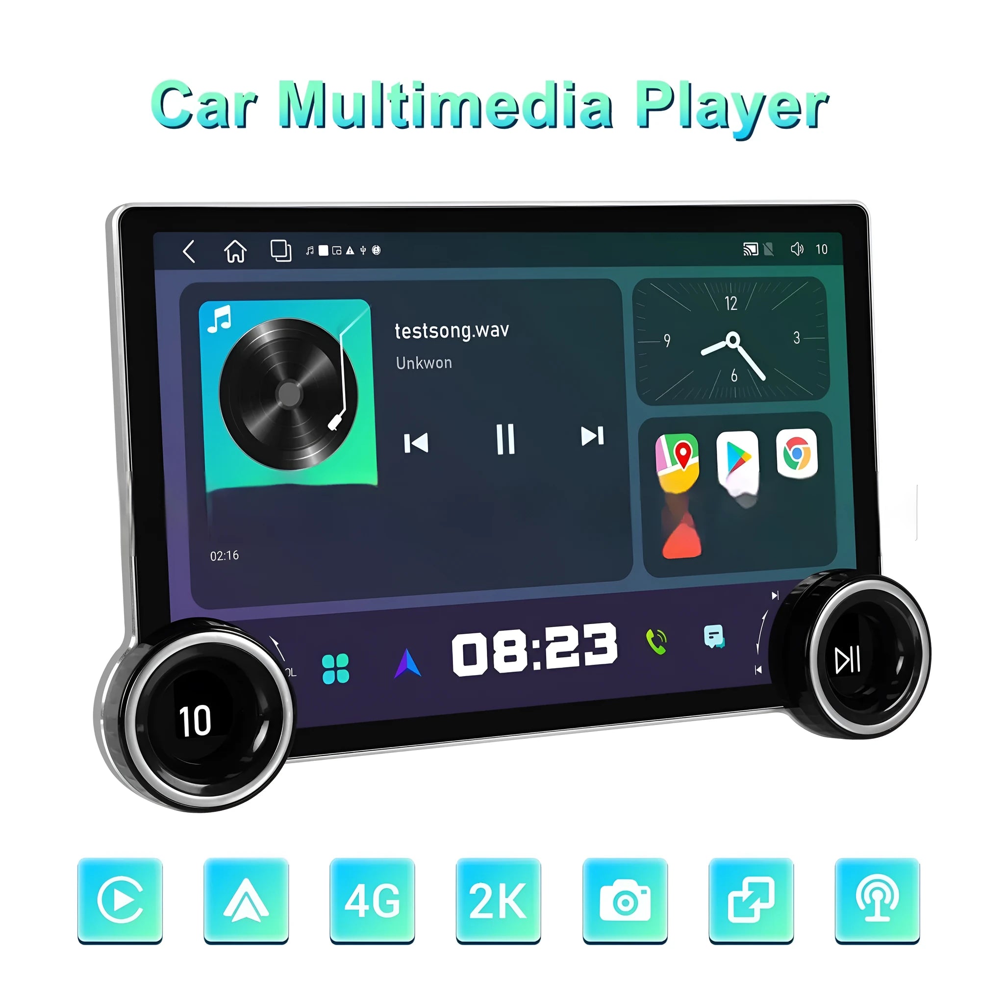 11.8-inch Android car multimedia player with dual knobs and QLED screen showing navigation interface